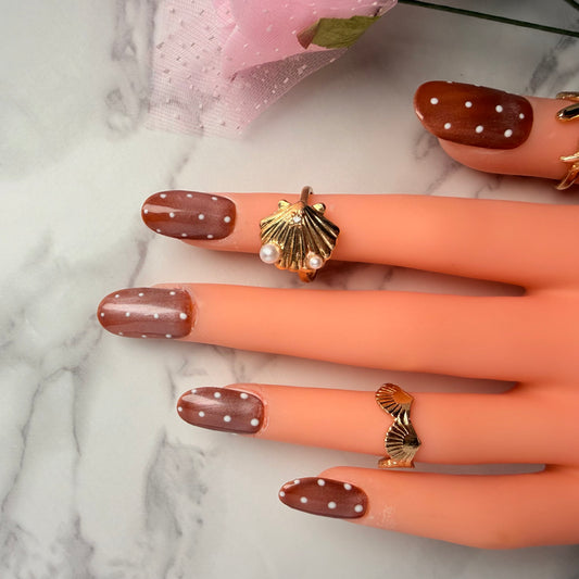 Chocolate Brown Silk Cat Eye Dot Press On Nails | Glossy Almond Set (10 nails)