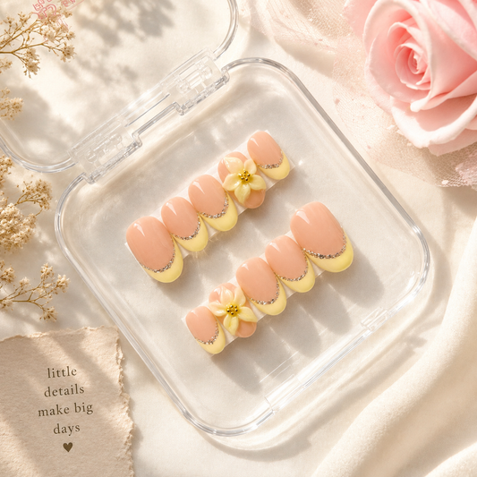 Butter Bloom French Press On Nails | Handmade | 3D Floral Nude Yellow Nails (10 nails)