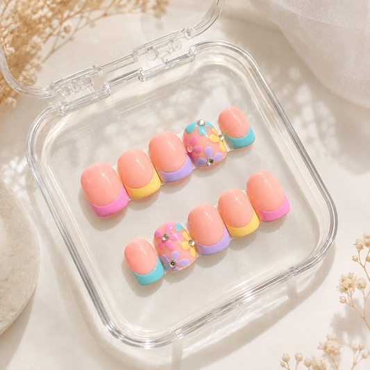 Pastel Bloom – Colourful Floral Press-On Nails (10 Nails)