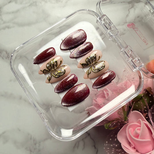 Burgundy Cat Eye Butterfly Press-On Nails | Reusable Almond Nail Set (10 Nails)
