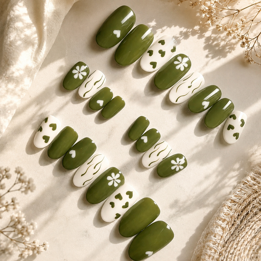 Olive Green & White Floral Heart Press-On Nails (Universal)