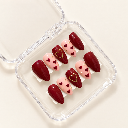 Burgundy Love - Hand Painted Press - On Nails (10 Nails)