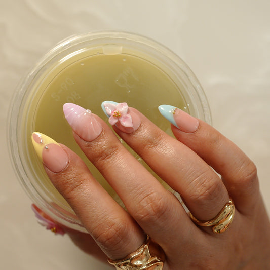 Pastel Pink 3D Floral Press On Nails - Peach & Blue Glossy Set (10 nails)