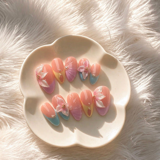 Pastel Pink 3D Floral Press On Nails - Peach & Blue Glossy Set (10 nails)