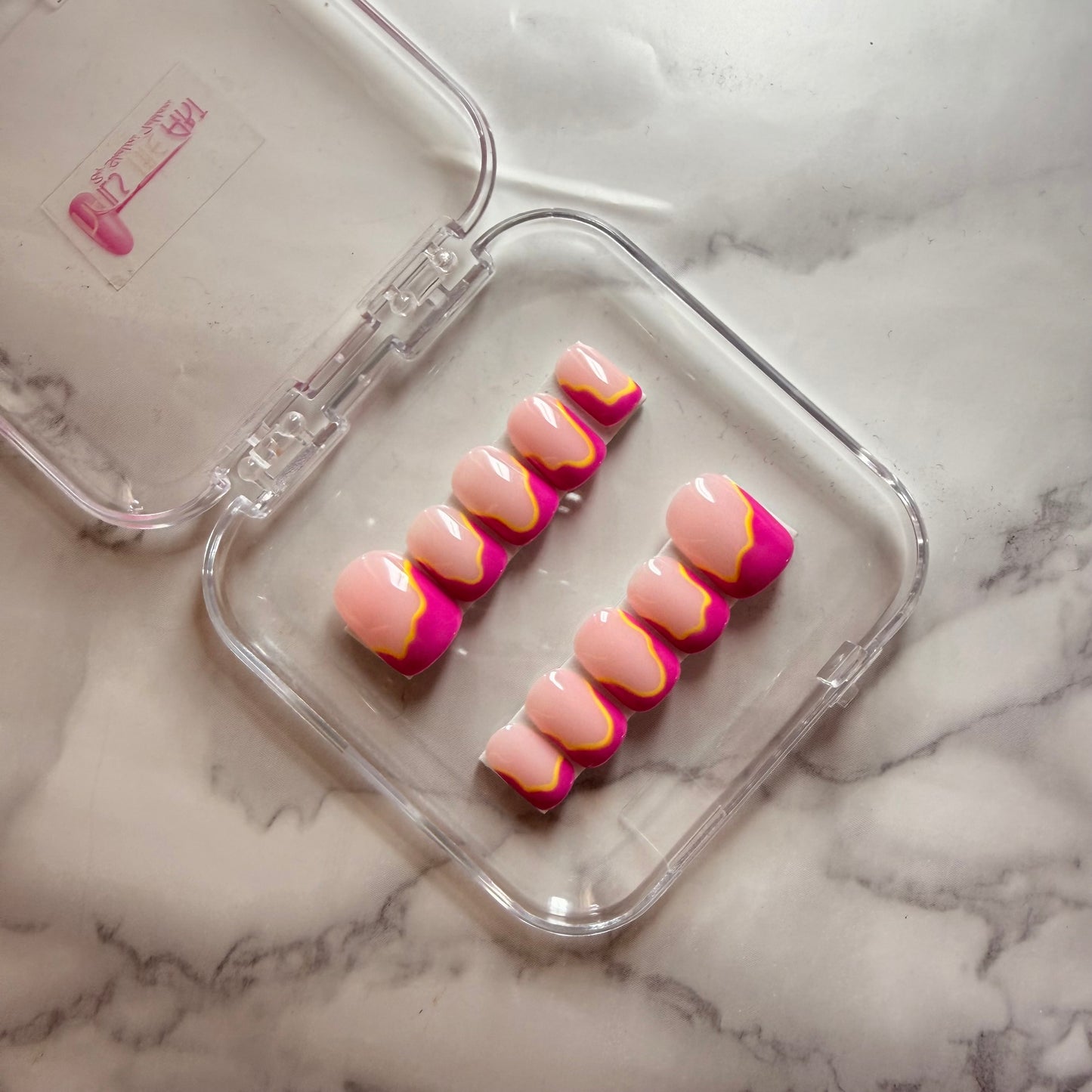 Pink Wave Glossy Press On Nails | Yellow Accent Abstract Nail Set (10 nails)