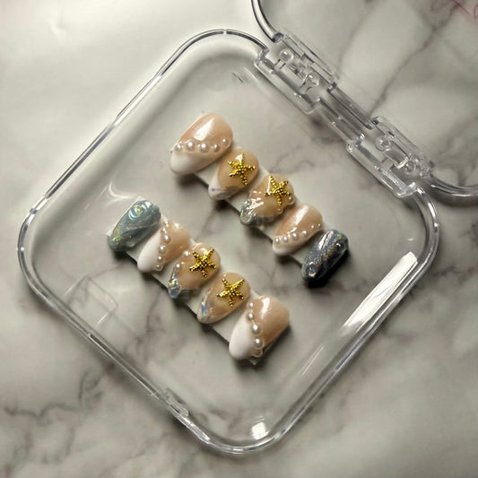 Pearl Starfish Press On Nails | Ocean Inspired 3D Nail Set (10 nails)