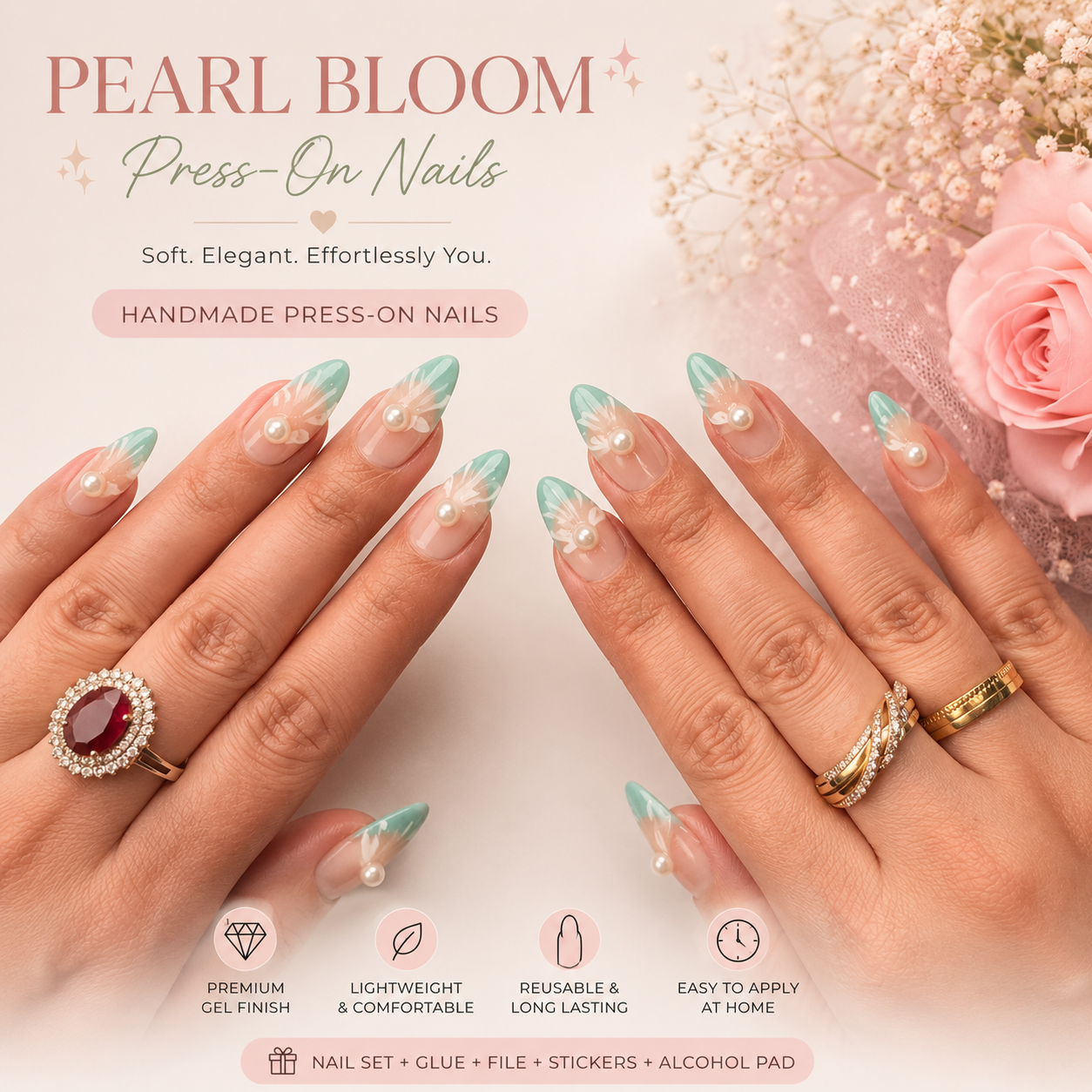 3D Shell Pastel Green Press-On Nails | Pearl Ocean Luxury Nails (10 nails)