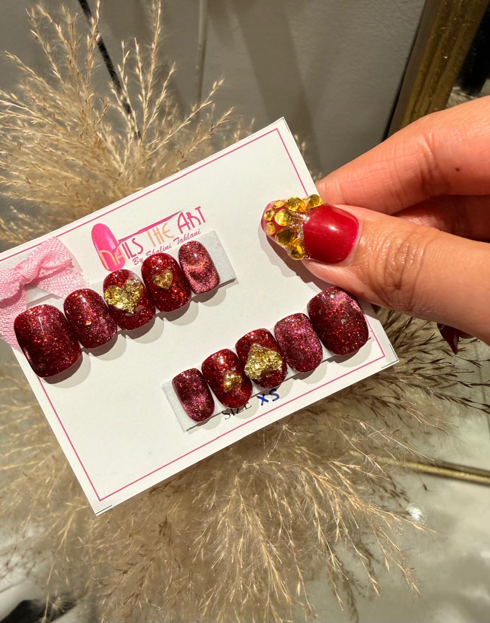 Luxury Red Glitter Heart Press-On Nails – Reusable | Party Wear