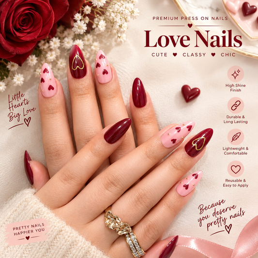 Burgundy Love - Hand Painted Press - On Nails (10 Nails)