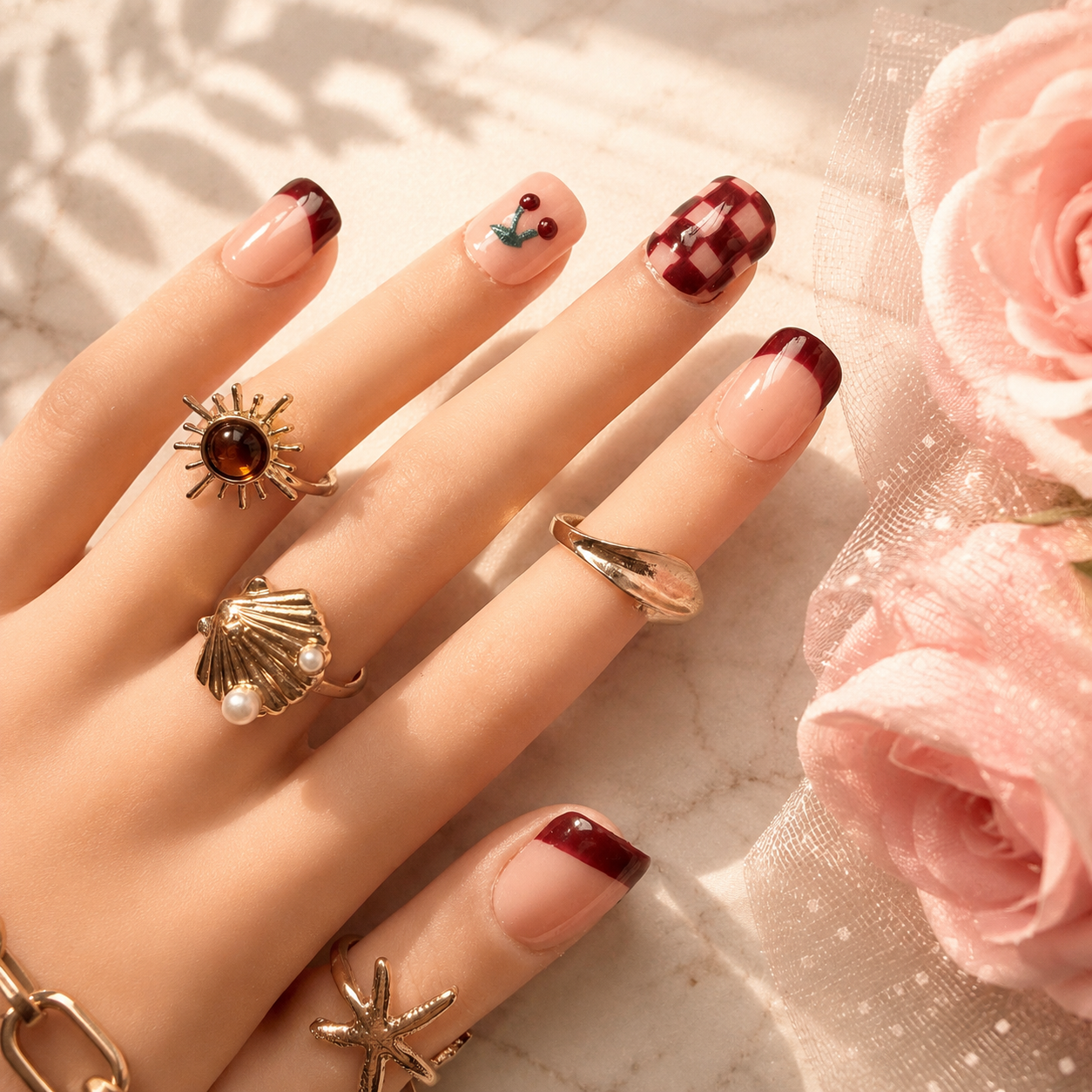 Cherry Bliss Burgundy French Press-On Nails | Handmade Reusable Nail Set (10 nails)