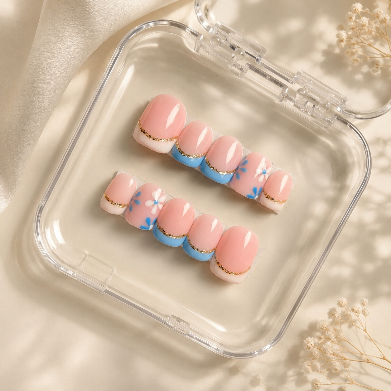 Blue Blossom French Press-On Nails | Nude Base with White & Baby Blue Tips | Handmade Reusable Nail Set (10 nails)