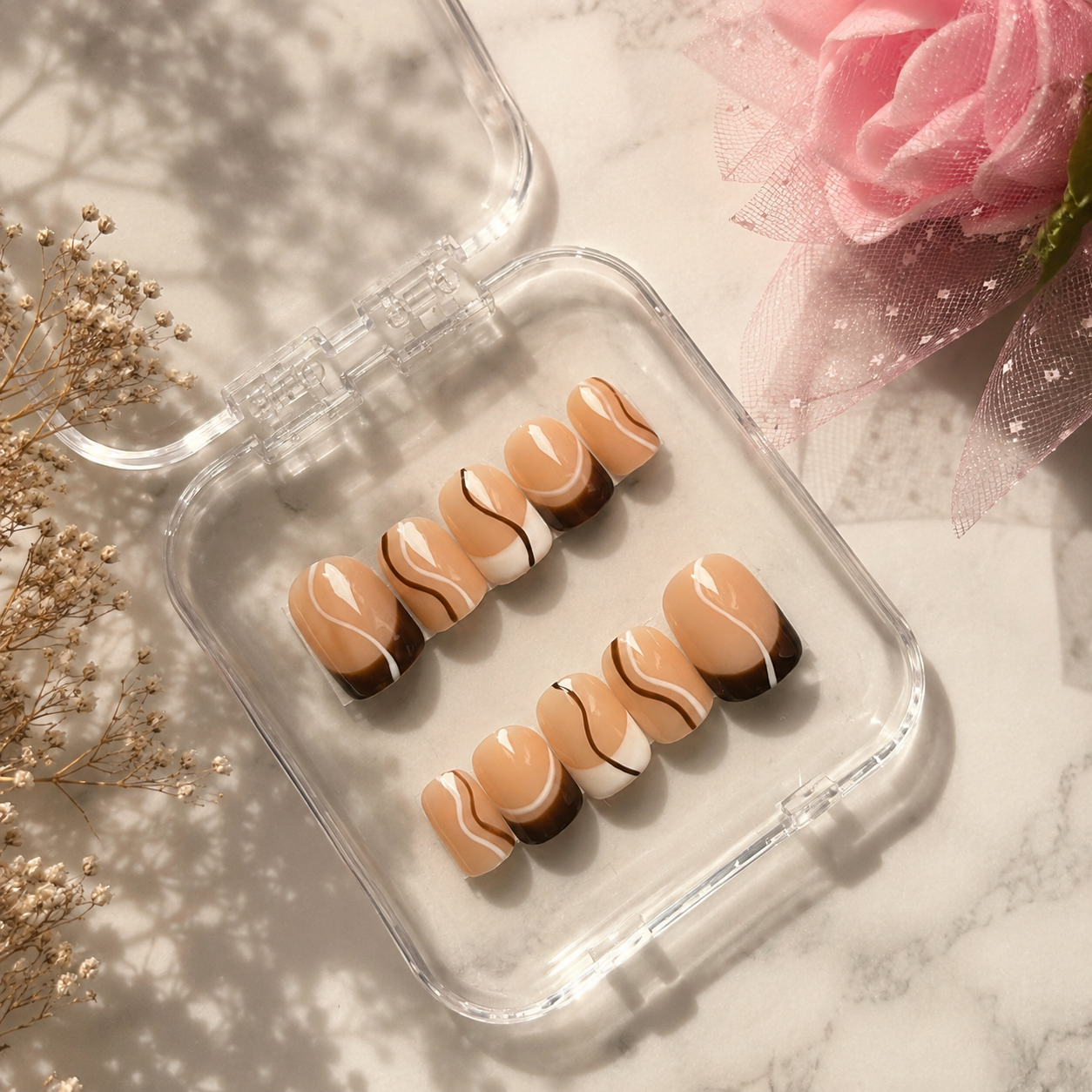 Coffee Swirl French Press-On Nails – Glossy Nude & Chocolate Brown Reusable Nail Set (10 nails)