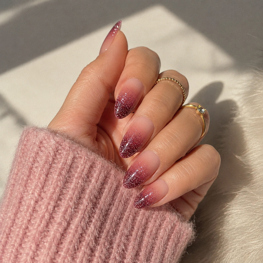 Burgundy Glitter Ombre Short Almond Press-On Nails – Reusable Nail Set (10 nails)
