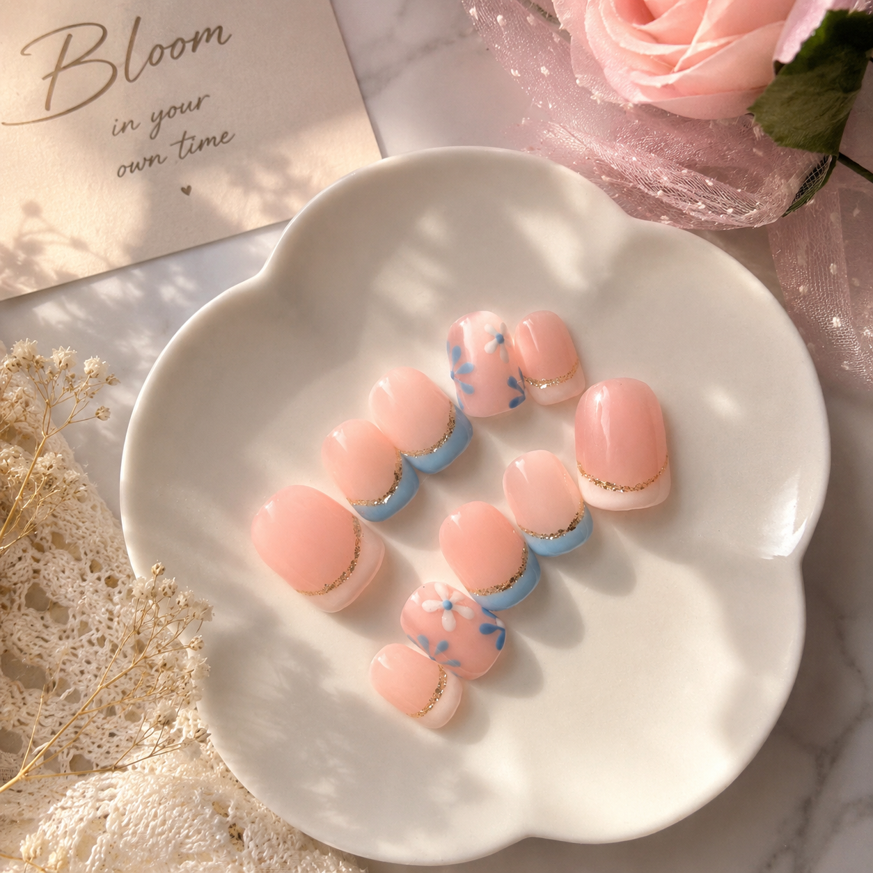 Blue Blossom French Press-On Nails | Nude Base with White & Baby Blue Tips | Handmade Reusable Nail Set (10 nails)