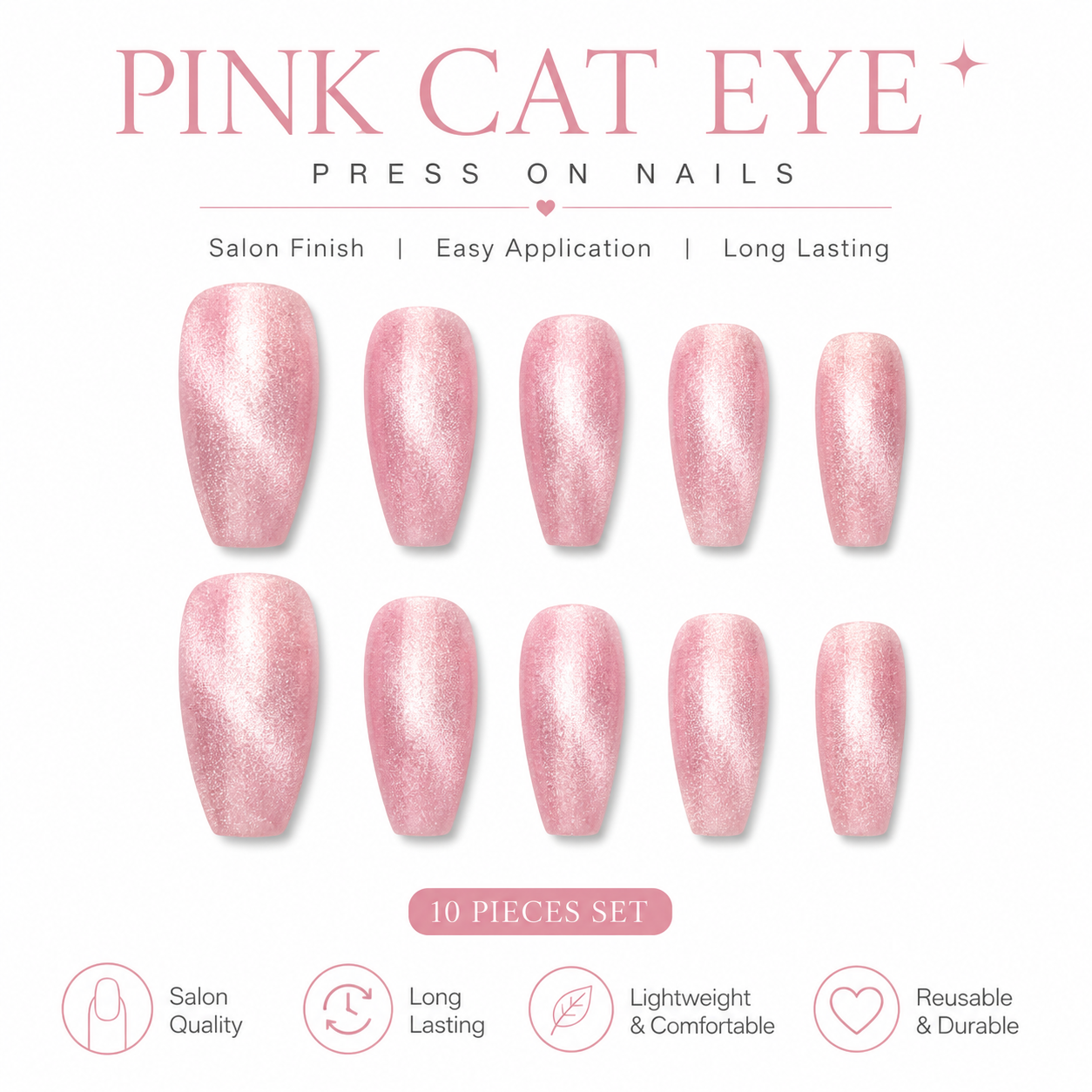 Blush Pink Cat Eye Shimmer Coffin Press-On Nails – Magnetic Gloss Finish (10 nails)