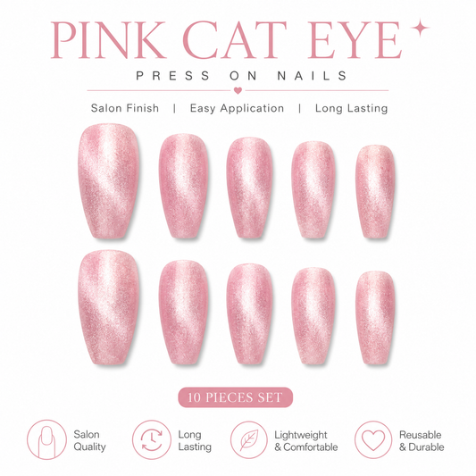 Blush Pink Cat Eye Shimmer Coffin Press-On Nails – Magnetic Gloss Finish (10 nails)