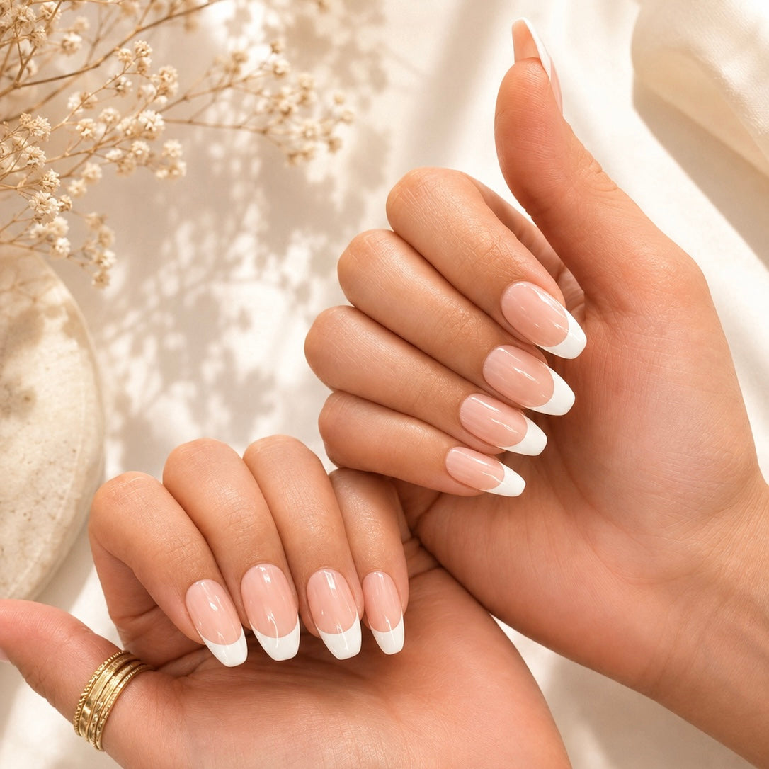 Classic Pink French Tip Coffin Press-On Nails