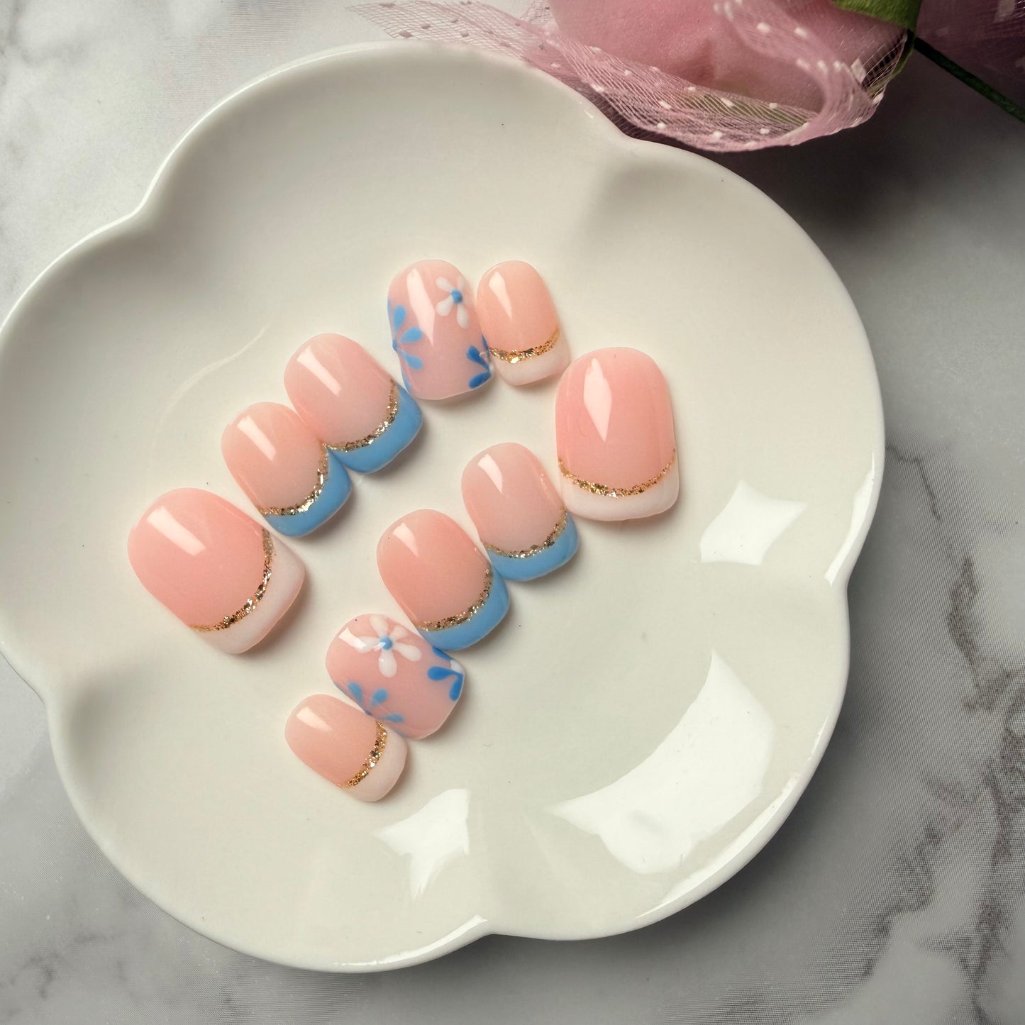 Blue Blossom French Press-On Nails | Nude Base with White & Baby Blue Tips | Handmade Reusable Nail Set (10 nails)
