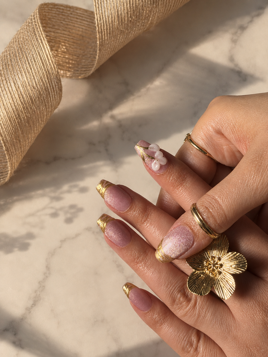 Pink Cat Eye Gold Bloom 3D Press-On Nails (10 nails)