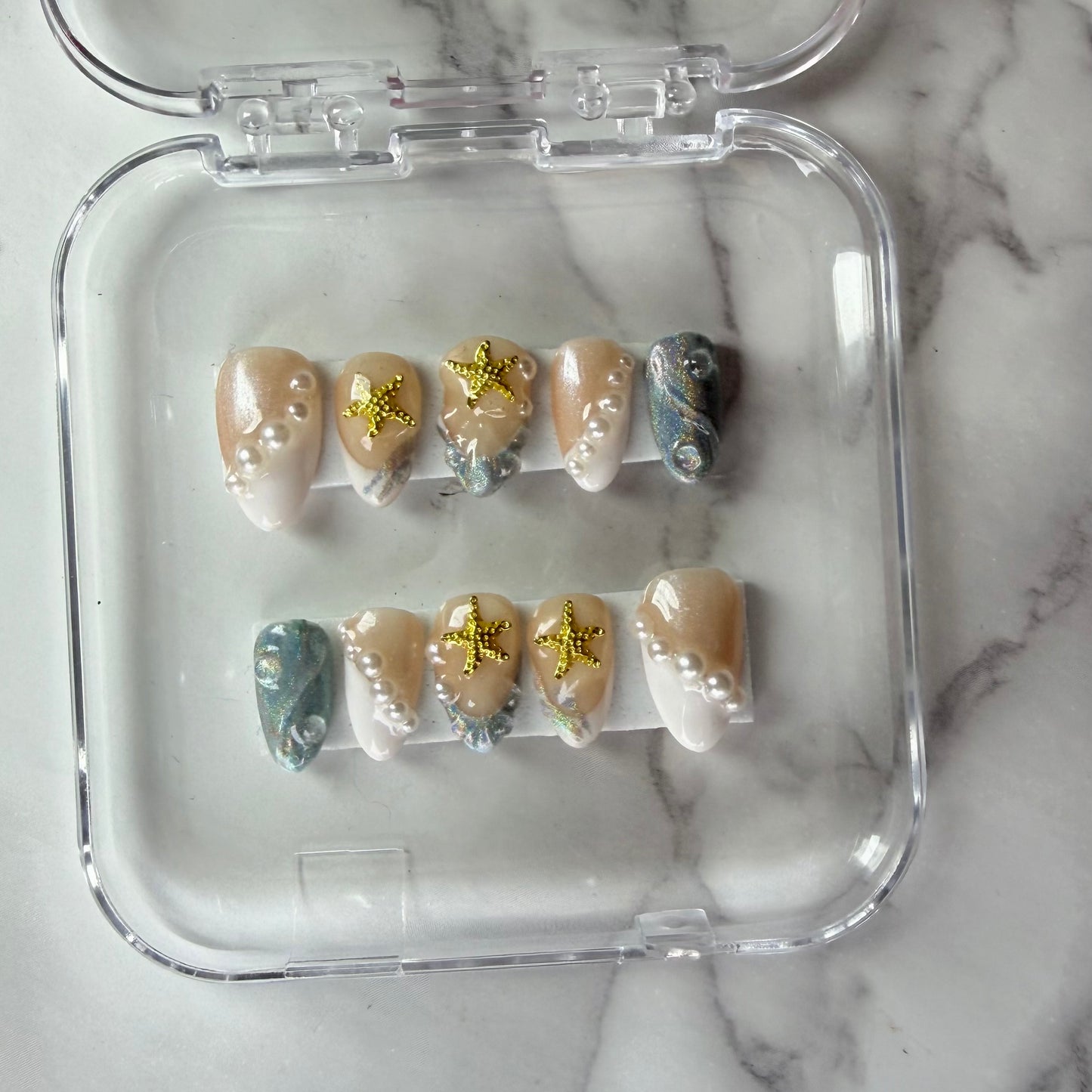 Pearl Starfish Press On Nails | Ocean Inspired 3D Nail Set (10 nails)