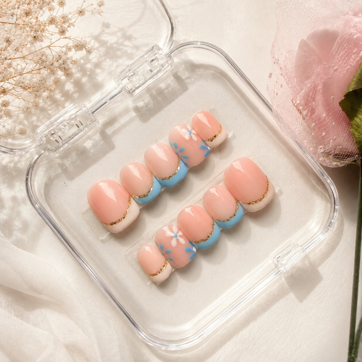 Blue Blossom French Press-On Nails | Nude Base with White & Baby Blue Tips | Handmade Reusable Nail Set (10 nails)