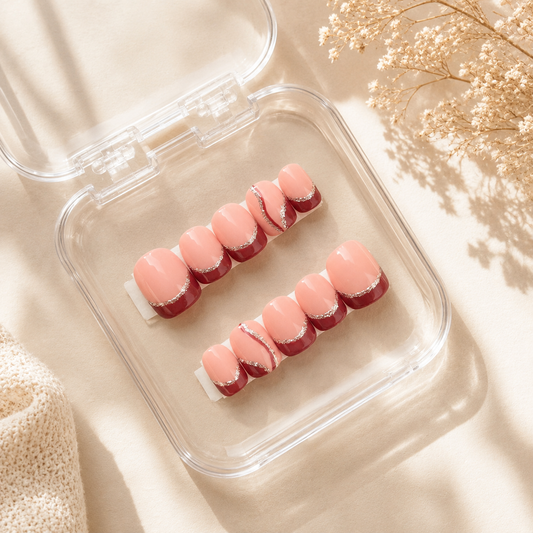 Blush Burgundy French Press-On Nails with Silver Glitter (10 nails)