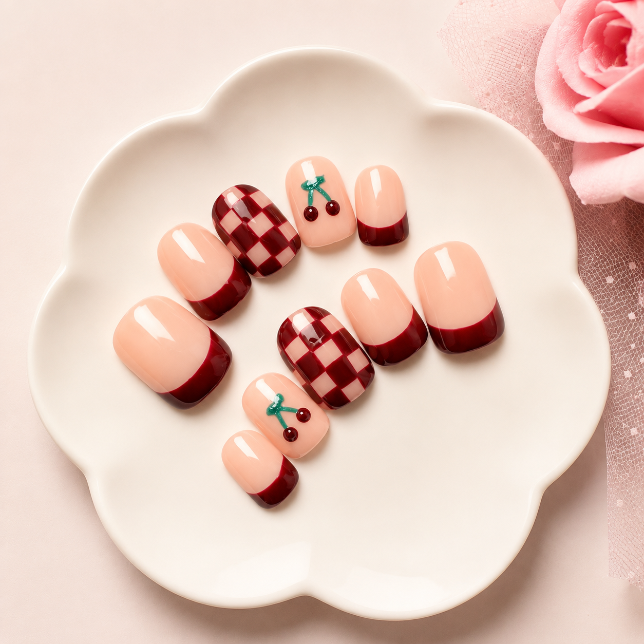 Cherry Bliss Burgundy French Press-On Nails | Handmade Reusable Nail Set (10 nails)