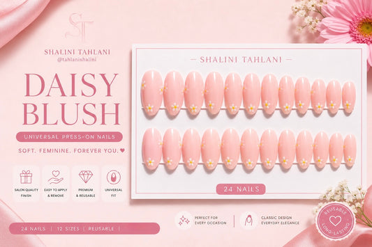Blush Pink Glossy Daisy Press-On Nails | Soft Floral Nail Set (Universal)