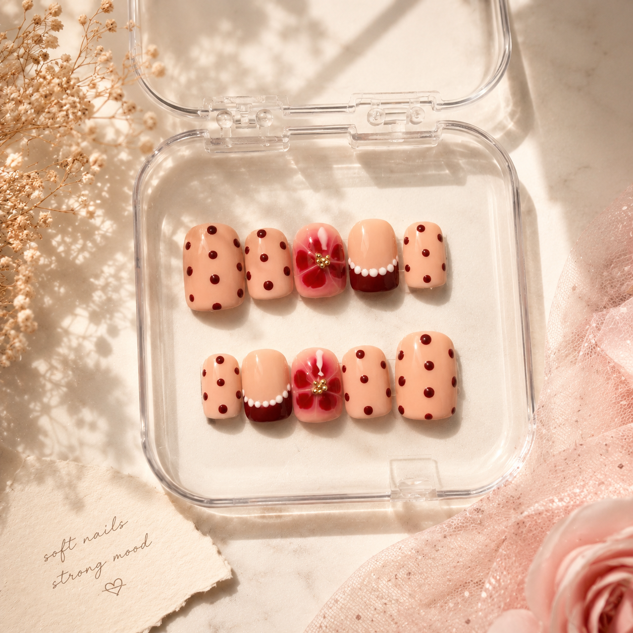 Cherry Blossom Polka Dot Press-On Nails (10 Nails)