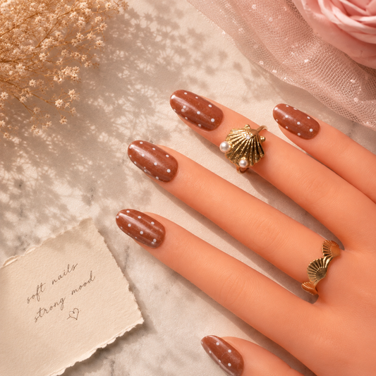 Chocolate Brown Silk Cat Eye Dot Press On Nails | Glossy Almond Set (universal )