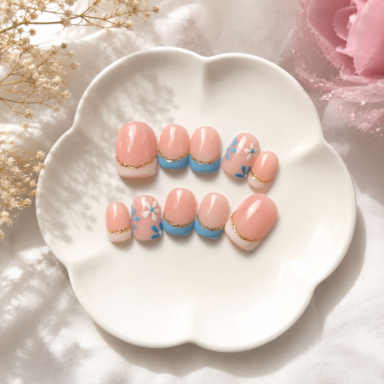 Blue Blossom French Press-On Nails | Nude Base with White & Baby Blue Tips | Handmade Reusable Nail Set (10 nails)