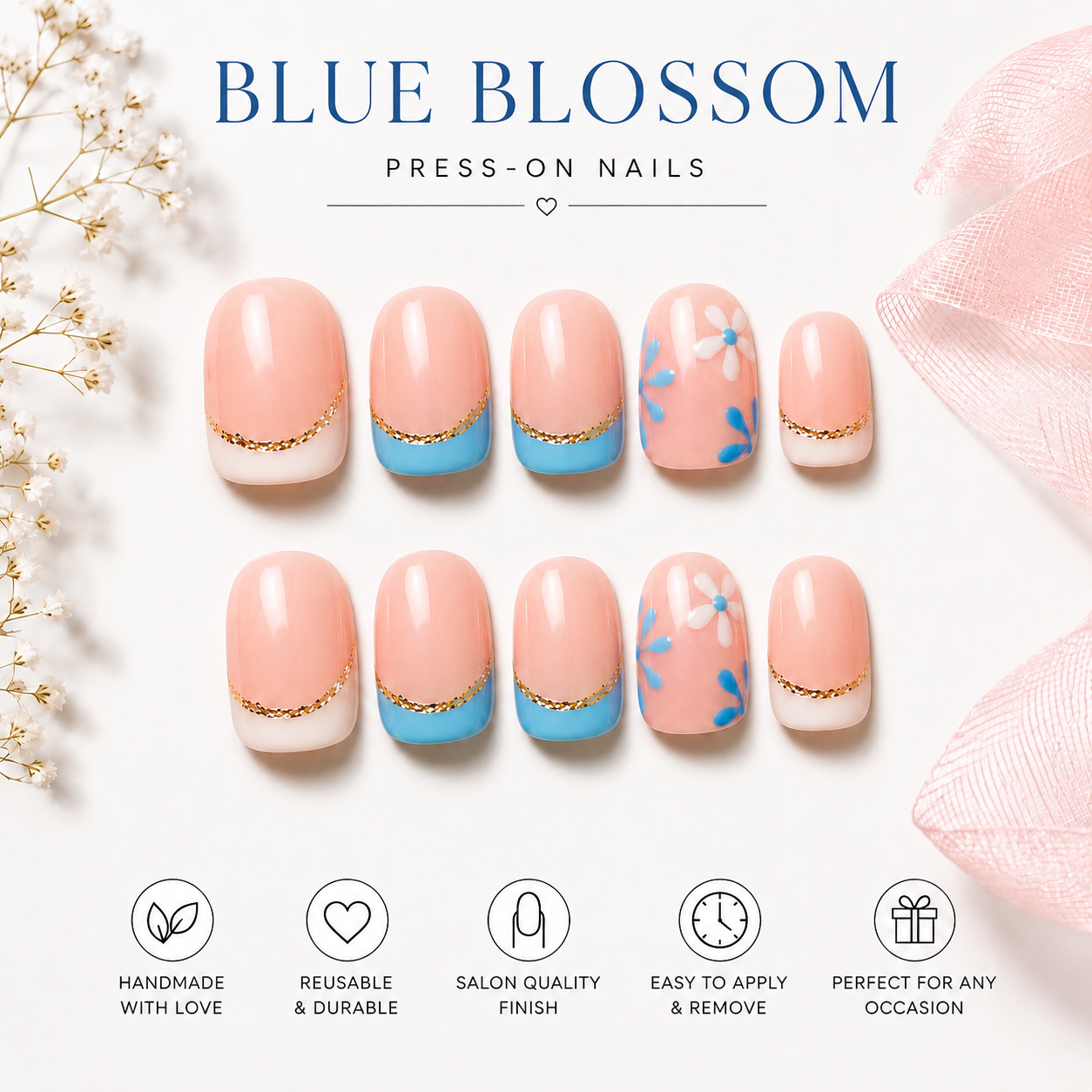 Blue Blossom French Press-On Nails | Nude Base with White & Baby Blue Tips | Handmade Reusable Nail Set (10 nails)