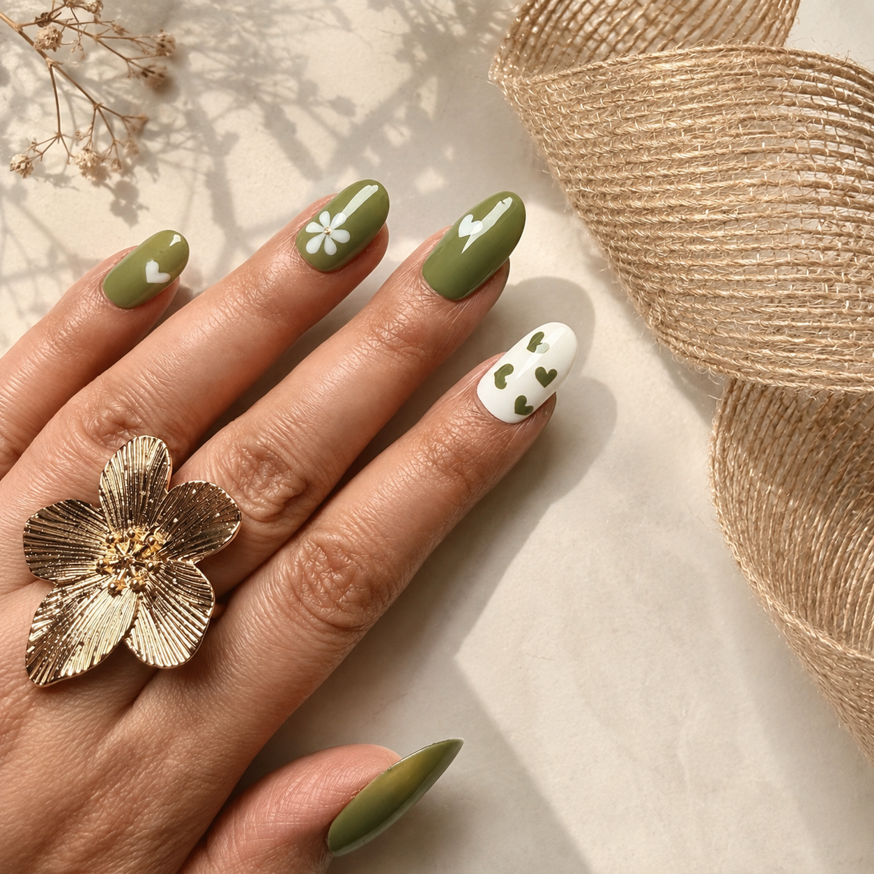 Olive Green & White Floral Heart Press-On Nails (Universal)