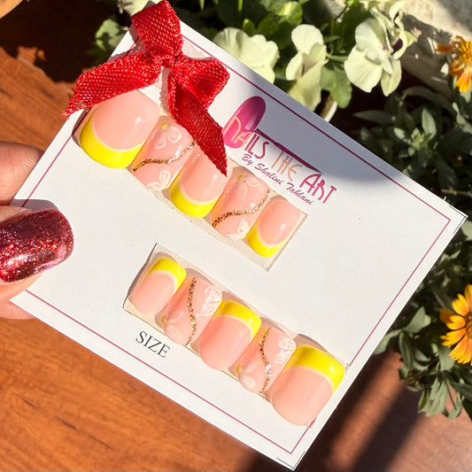 Sunny Yellow French Tip with White Floral & Gold Swirl Nail Set