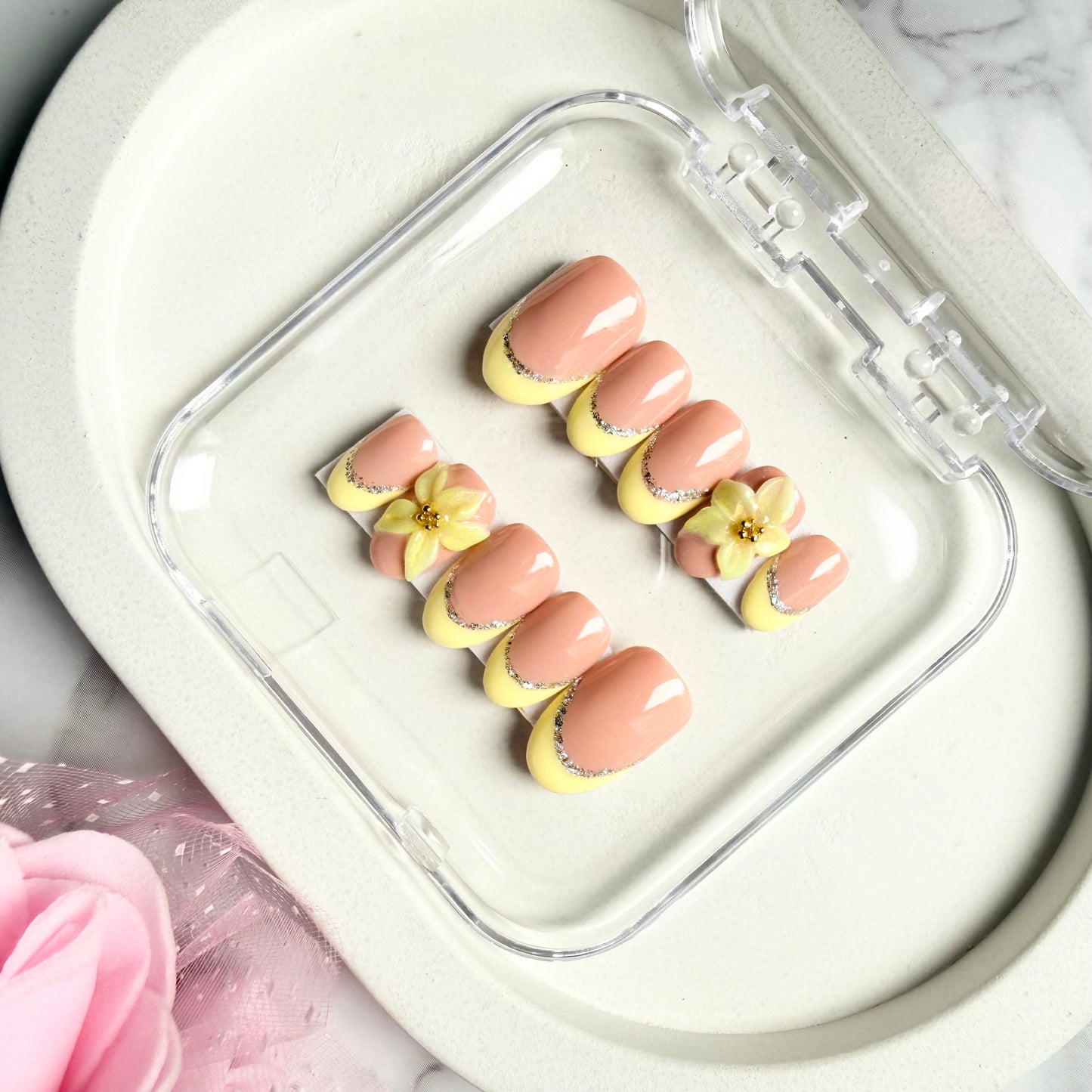 Butter Bloom French Press On Nails | Handmade | 3D Floral Nude Yellow Nails (10 nails)