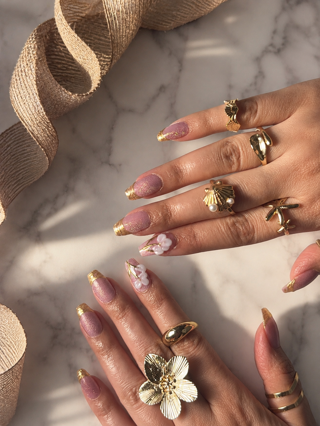 Pink Cat Eye Gold Bloom 3D Press-On Nails (10 nails)