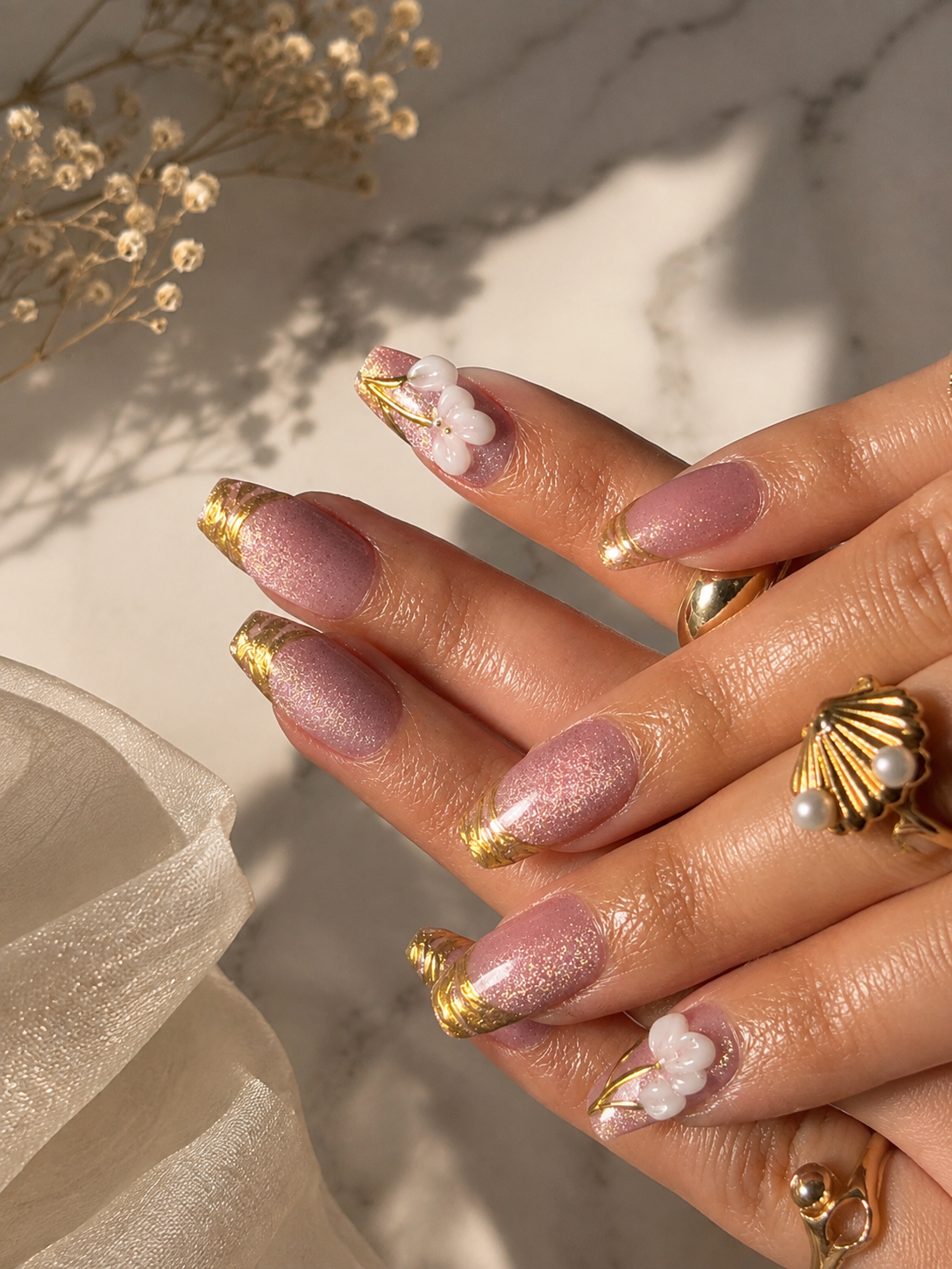 Pink Cat Eye Gold Bloom 3D Press-On Nails (10 nails)