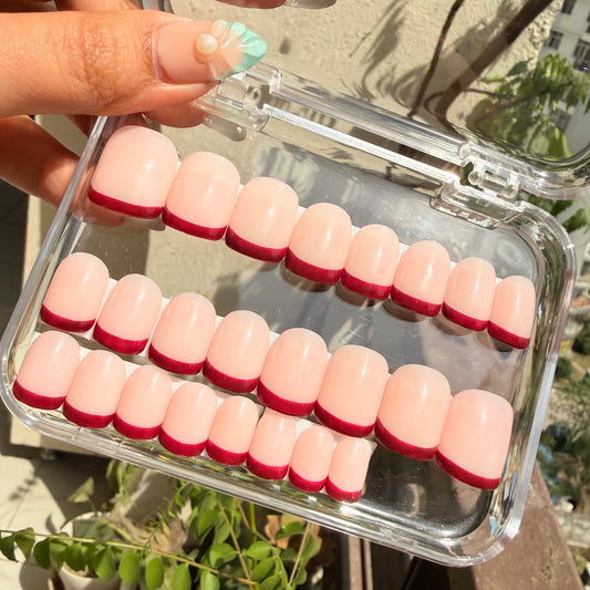 Glossy Cherry French Press-On Nails | Nude Pink Red Tip Nails (24 nails)