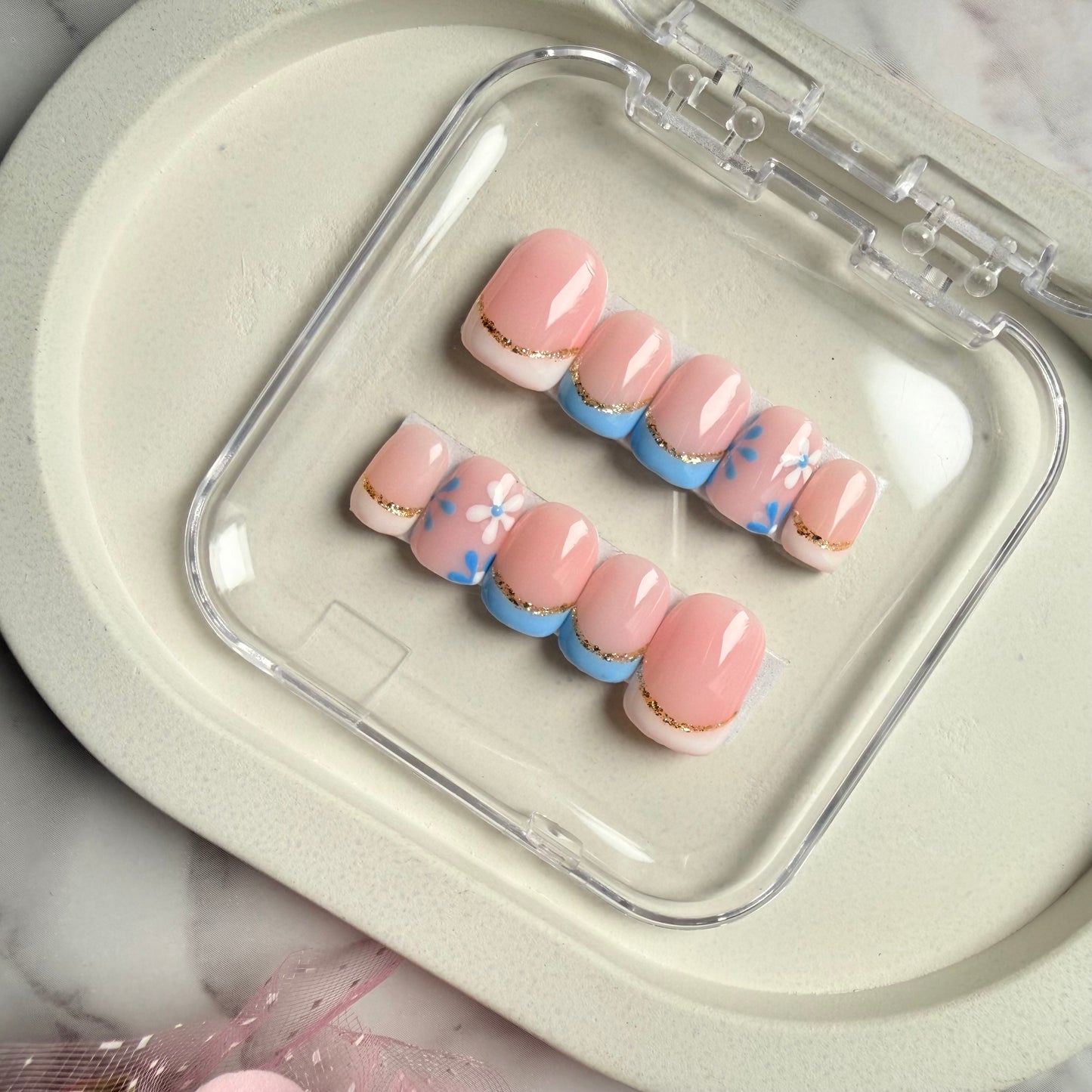 Blue Blossom French Press-On Nails | Nude Base with White & Baby Blue Tips | Handmade Reusable Nail Set (10 nails)
