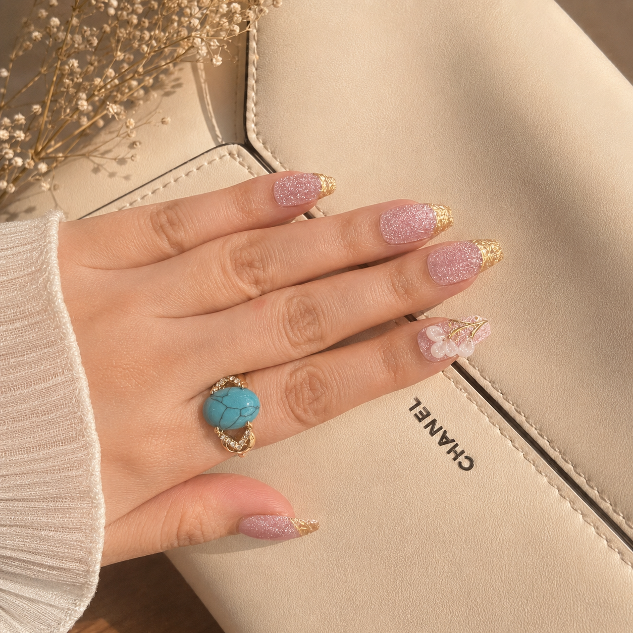 Pink Cat Eye Gold Bloom 3D Press-On Nails (10 nails)