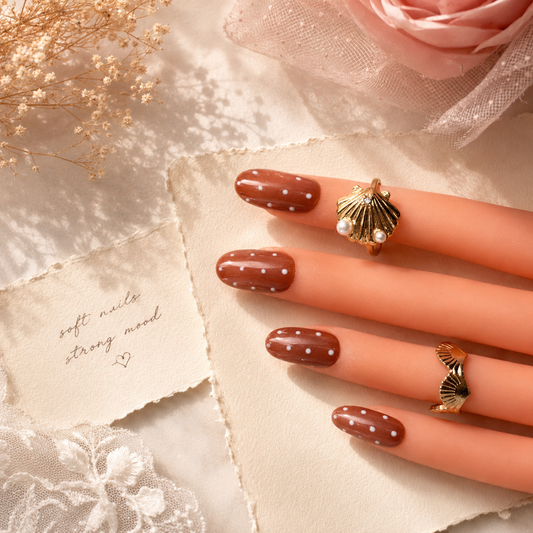 Chocolate Brown Silk Cat Eye Dot Press On Nails | Glossy Almond Set (10 nails)