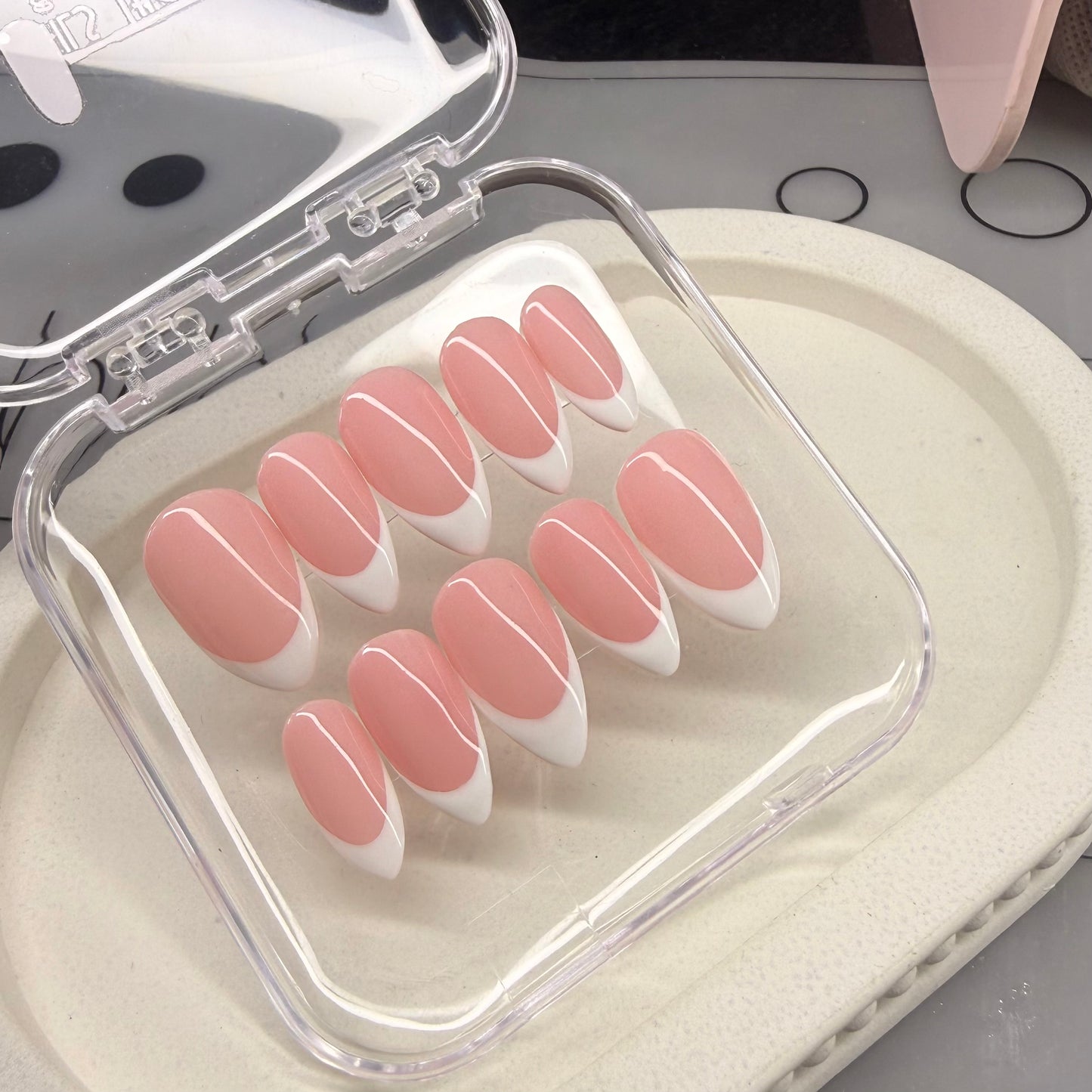 Classy Baby Pink French Tip Press -On Nails | Glossy Almond Shape | Reusable Handmade Nail Set