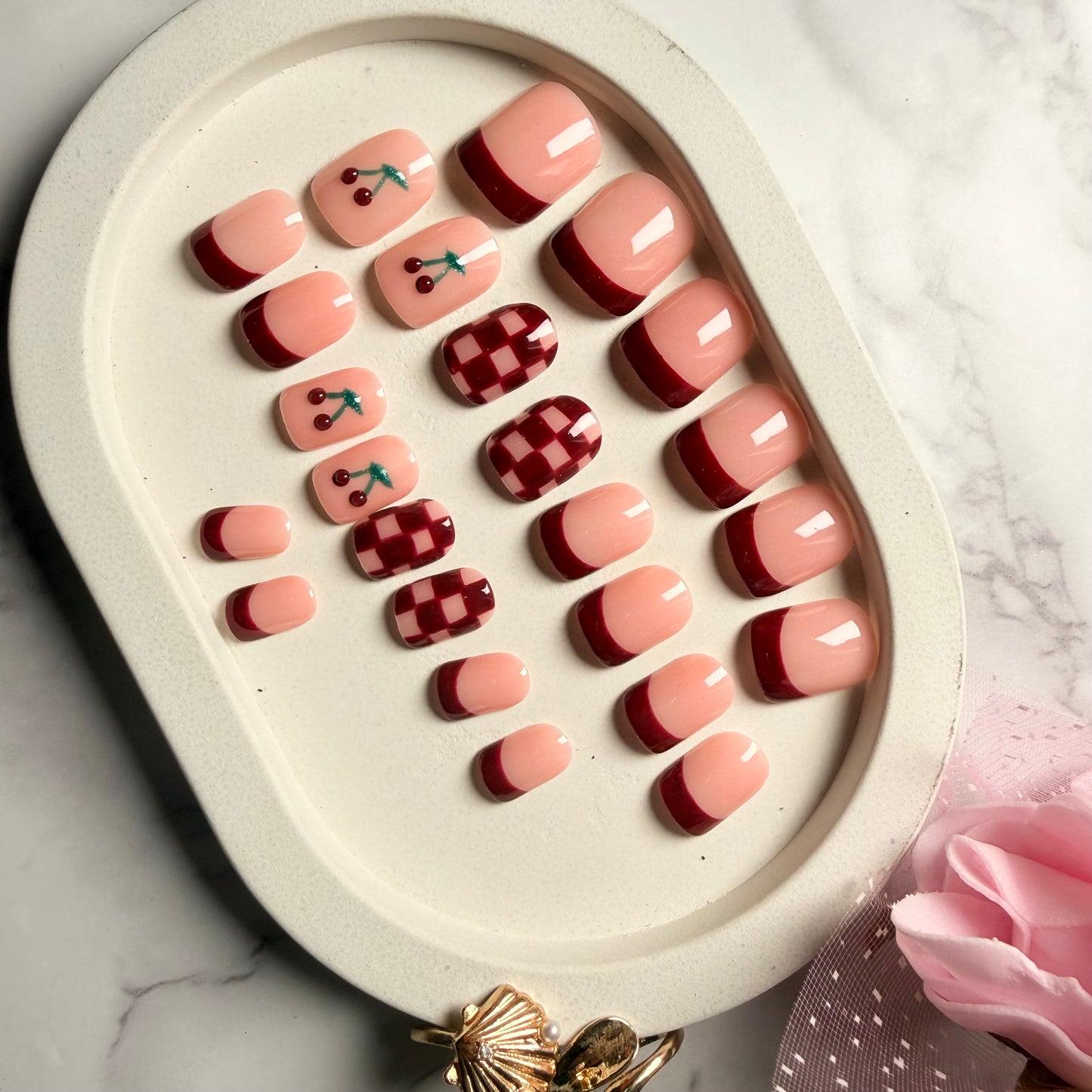 Cherry Bliss Burgundy French Press-On Nails | Handmade Reusable Nail Set (Universal)
