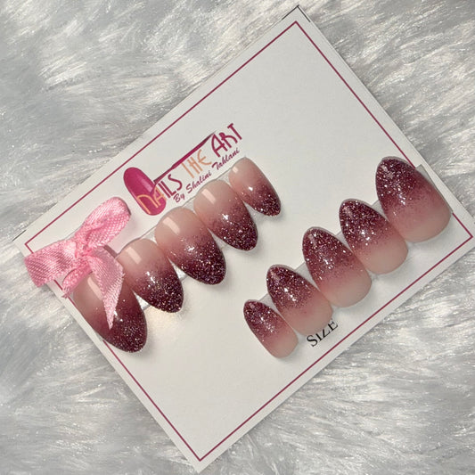 Burgundy Glitter Ombre Short Almond Press-On Nails – Reusable Nail Set