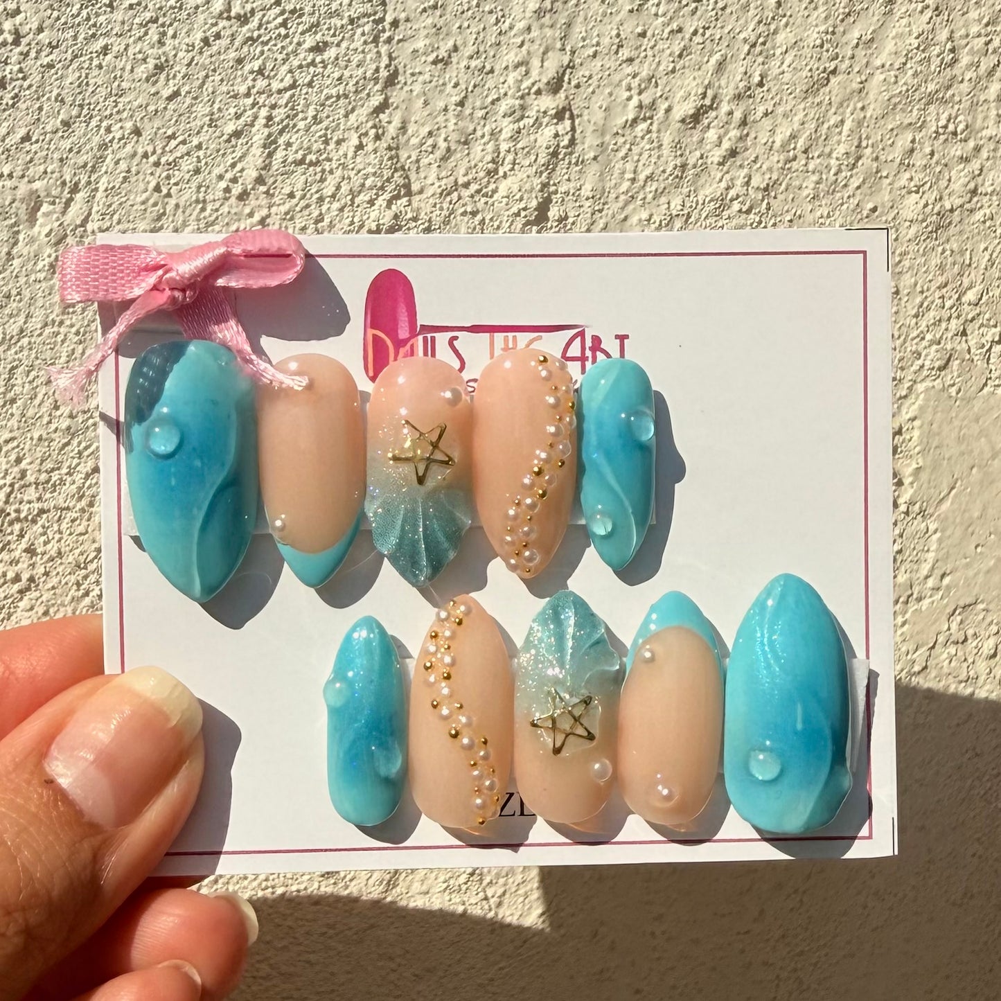 Ocean Pearl 3D Press-On Nails – Aqua Blue Shell Design with Gold Star Charm