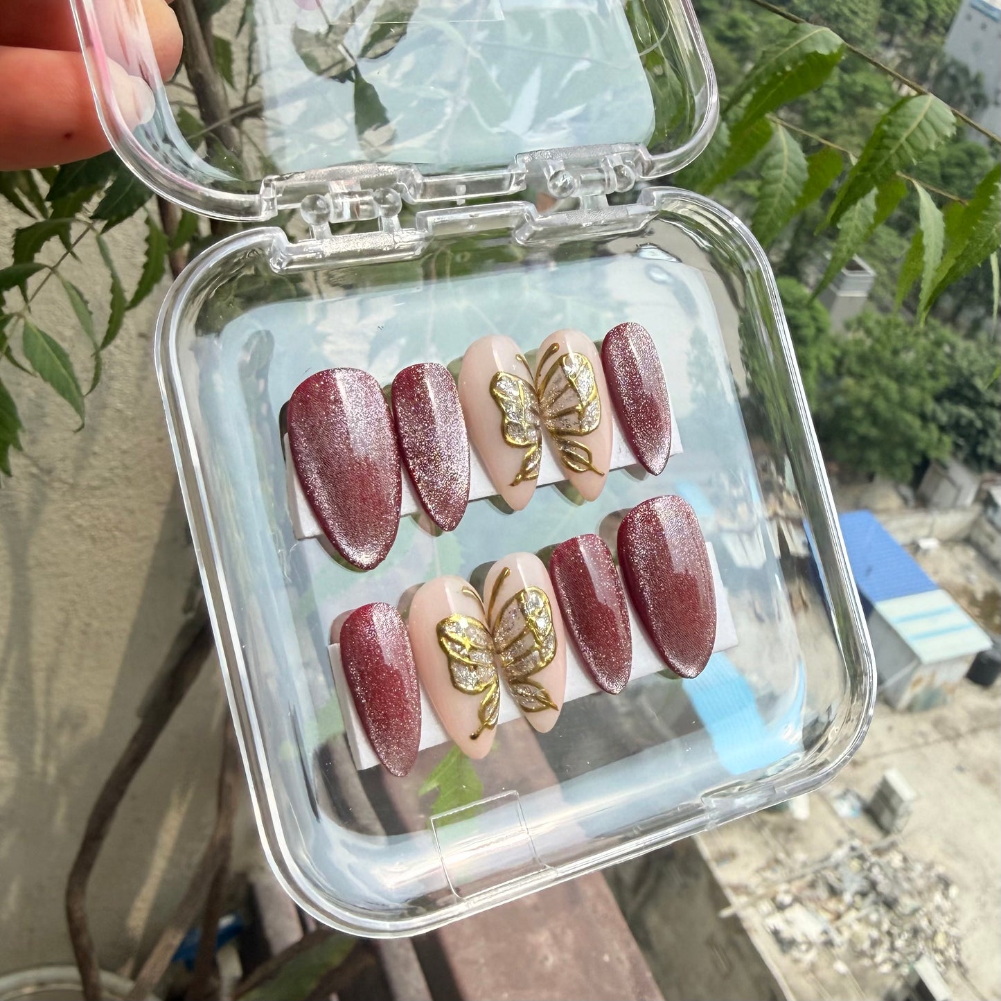 Burgundy Cat Eye Butterfly Press-On Nails | Reusable Almond Nail Set (10 Nails)