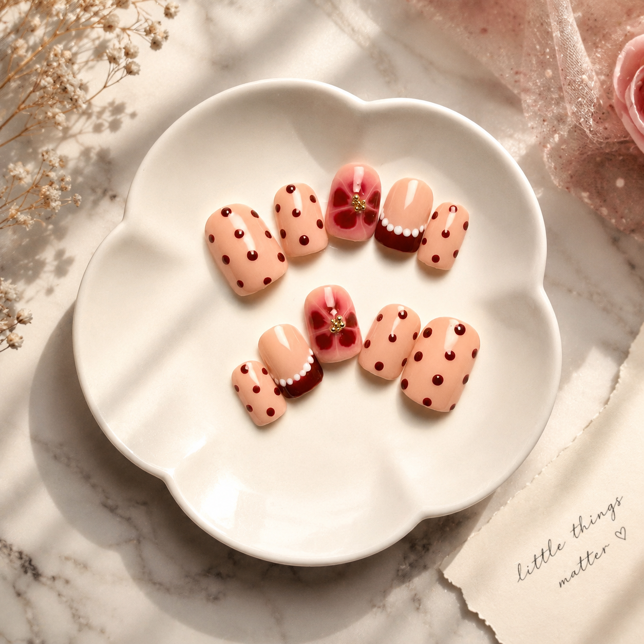 Cherry Blossom Polka Dot Press-On Nails (10 Nails)