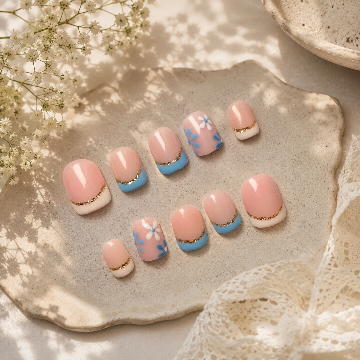 Blue Blossom French Press-On Nails | Nude Base with White & Baby Blue Tips | Handmade Reusable Nail Set (10 nails)