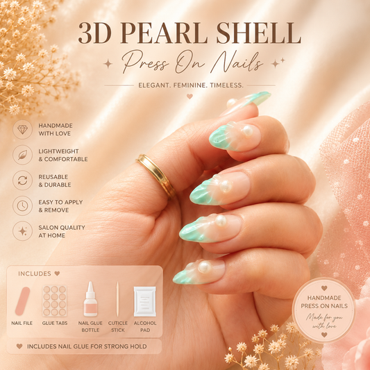 3D Shell Pastel Green Press-On Nails | Pearl Ocean Luxury Nails (Universal)