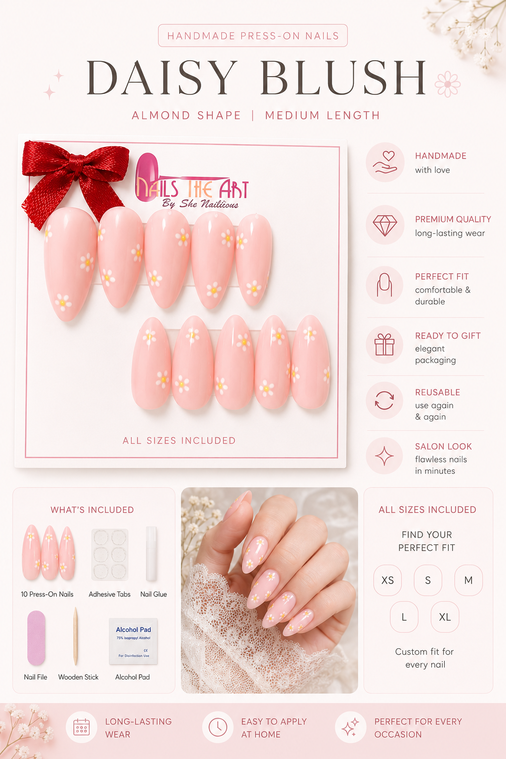 Blush Pink Glossy Daisy Press-On Nails | Soft Floral Nail Set ( 10 nails)